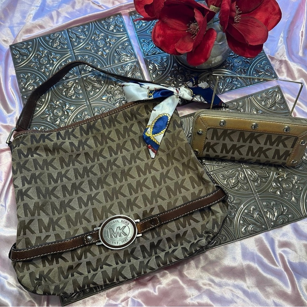 🌹VINTAGE Michael Kors • Brown Logo Large Hobo Bag Wallet Bundle